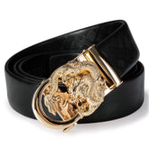 Men's Leather Slide Ratchet Adjustable Belt For Gift With Golden Dragon Metal Buckle